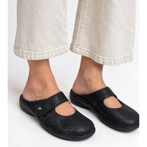 Finn Comfort Stanford Leather Mules Womens Size 41 D/US 10 Black Metallic German
